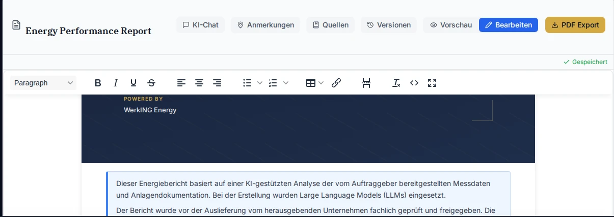 Bericht im Editor mit Rich-Text-Toolbar und KI-Chat — bearbeiten und nachfragen