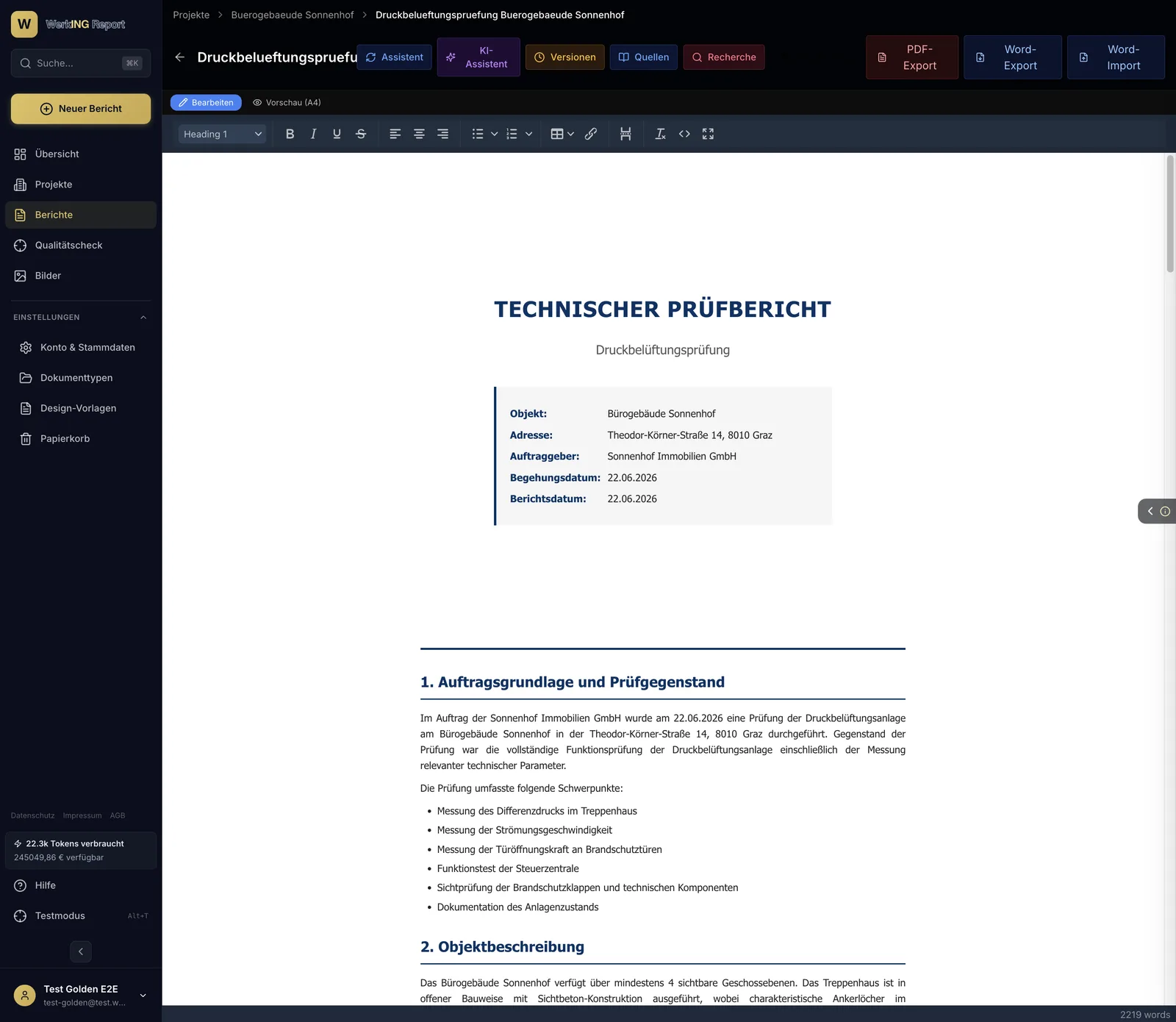 WerkING Report Editor mit seitengetreuer A4-Vorschau, KI-Assistent und PDF/Word-Export